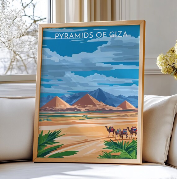 Ancient Pyramids of Giza Camel Caravan Desert Egypt Travel Poster