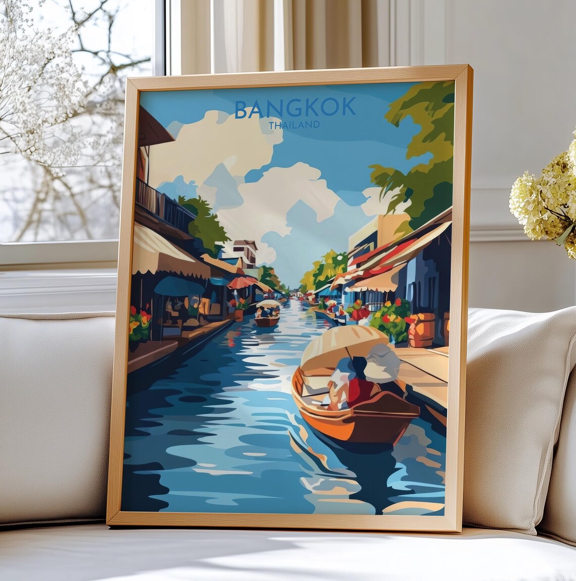 Bangkok Thailand Floating Market Canal With Boats Travel Poster