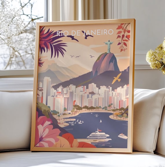 Rio de Janeiro Travel Poster Christ the Redeemer Bay and City Scene