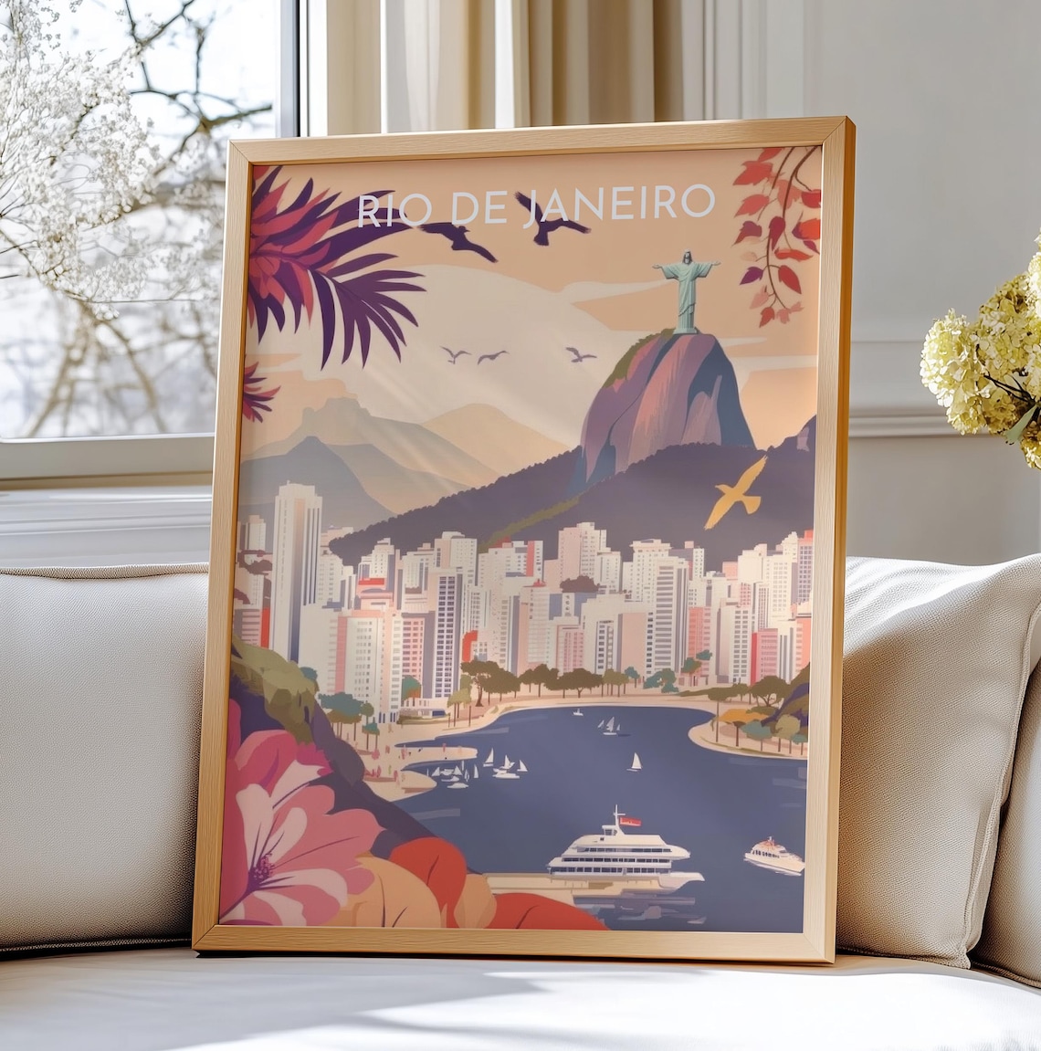 Rio de Janeiro Travel Poster Christ the Redeemer Bay and City Scene