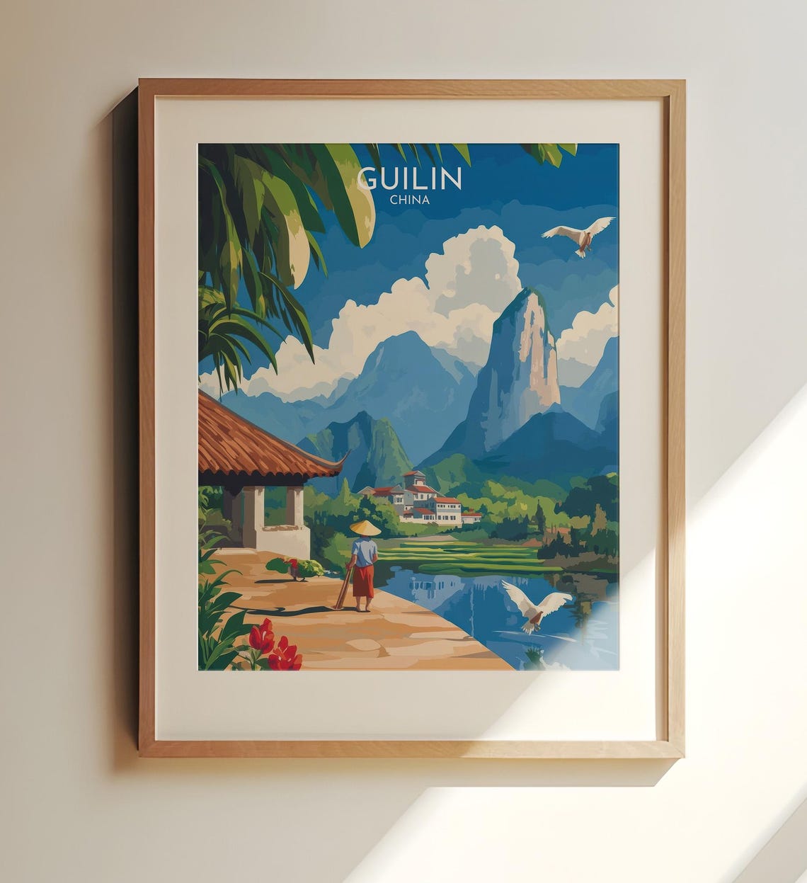 Guilin China Karst Mountains Riverside Village Travel Poster