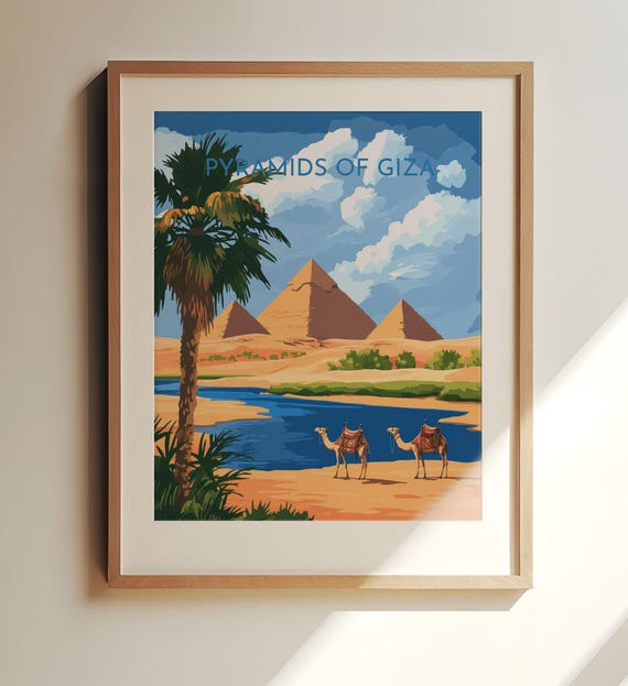 Pyramids Of Giza Egypt Travel Print Art With Camels And Palm Trees