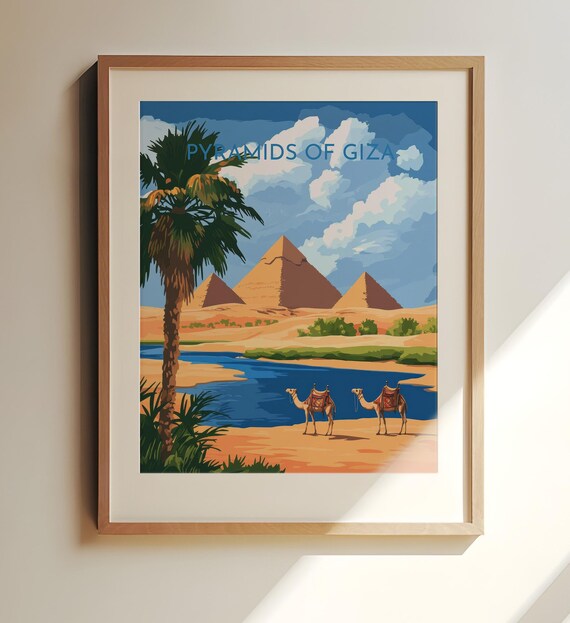 Pyramids of Giza Two Camels Palm Oasis River Egypt Travel Poster