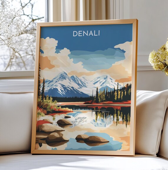 Denali Mountain Lake and Rocks Peaceful Reflection Travel Poster