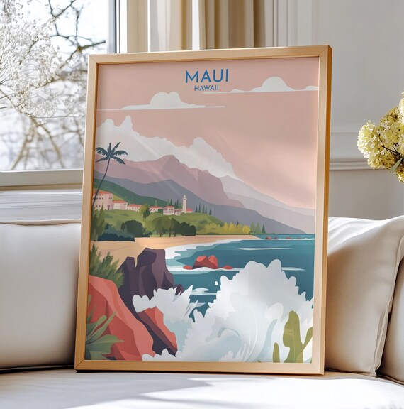 Maui Hawaii Coastal Waves Red Cliffs Travel Art Poster Home Decor