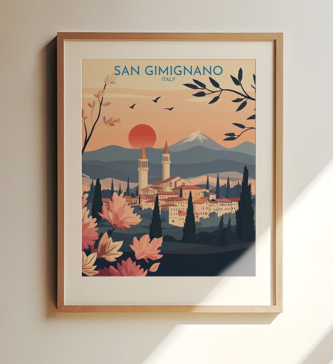 San Gimignano Italy Sunset Towers Tuscany Vintage Travel Art Poster