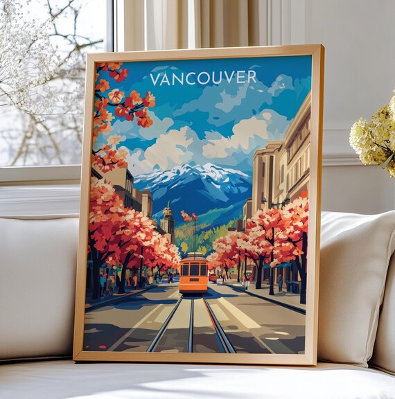 Vancouver Canada Travel Print Art Scenic Cityscape With Mountains And Tram