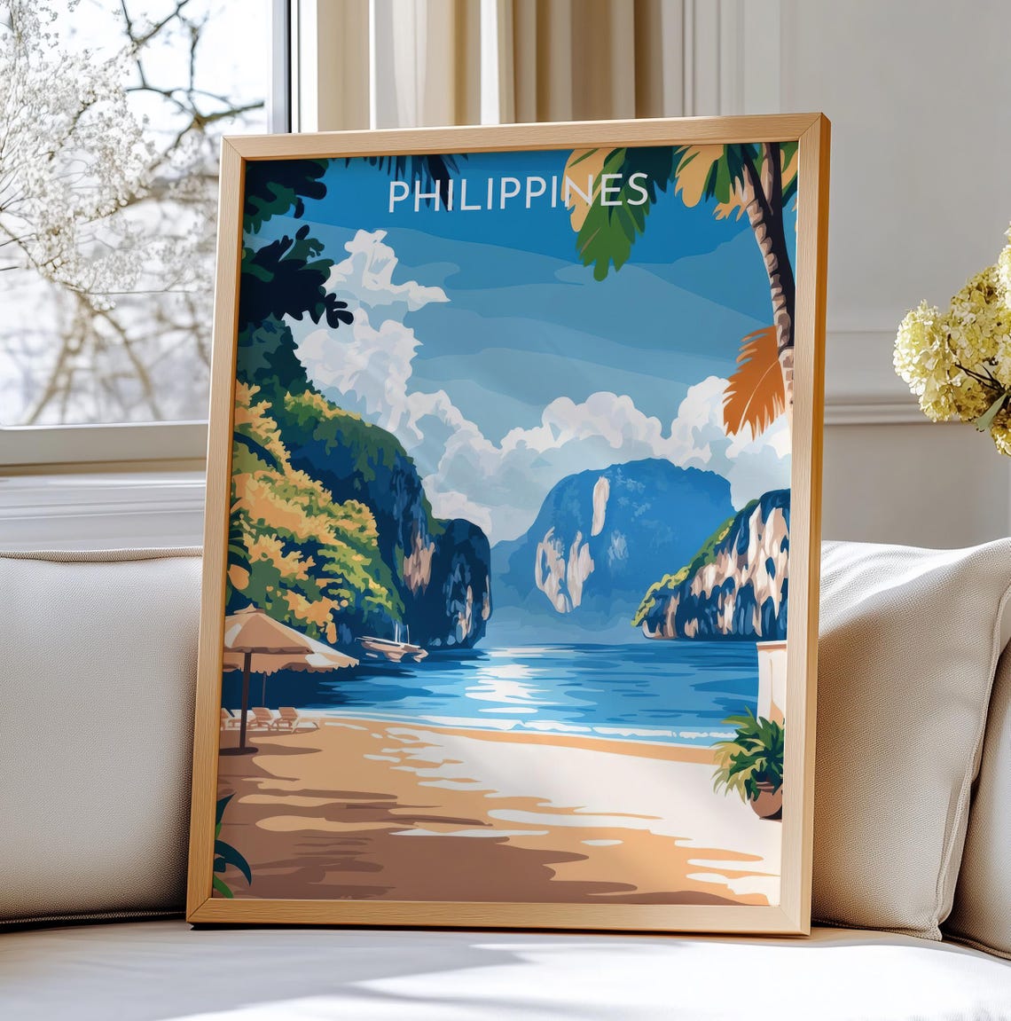 Philippines Tropical Beach Limestone Cliffs Travel Art Poster