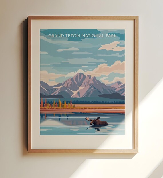 Grand Teton National Park Moose Lake Mountain Scene Travel Poster