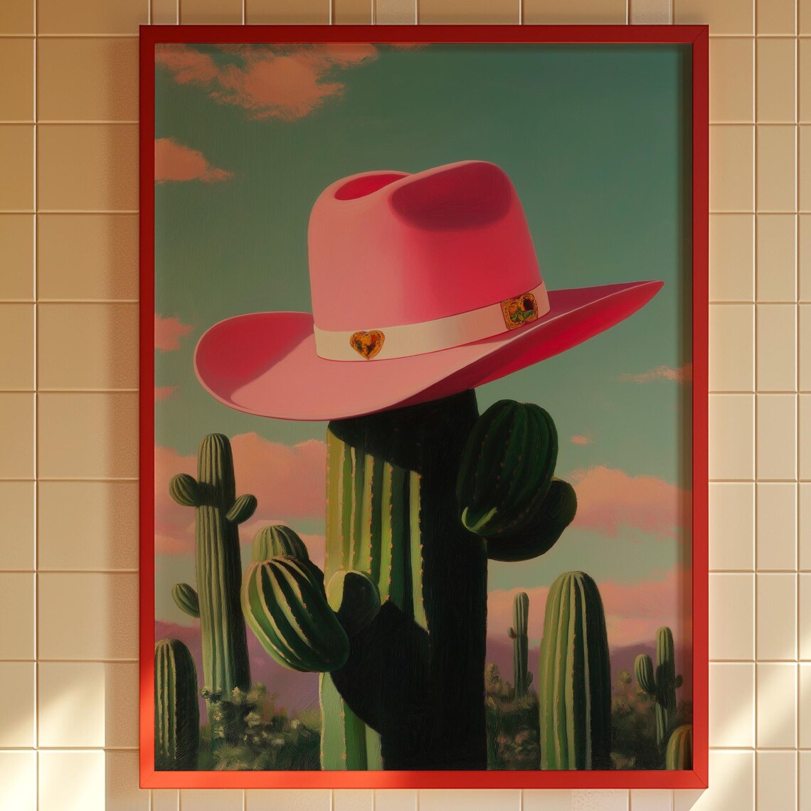 Pink Cowboy Hat Saguaro Cactus Surreal Western Desert Art Poster