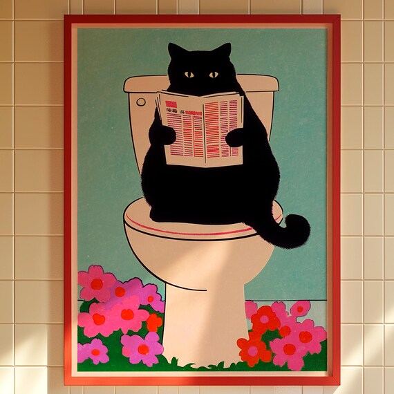 Black Cat Reading Newspaper on Toilet Funny Bathroom Art Print