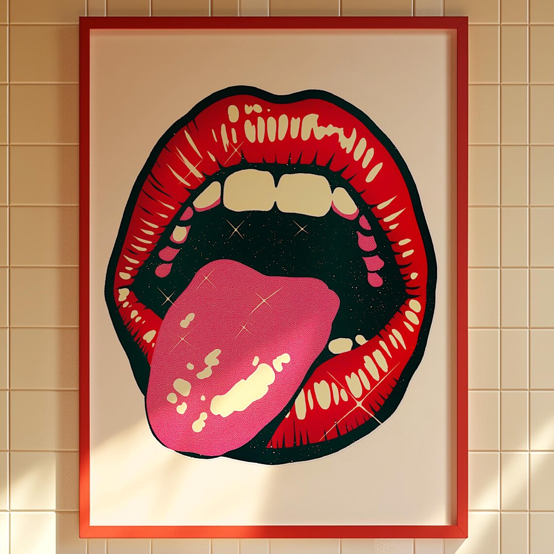 Iconic Pop Art Lips Bold Red Tongue Black Retro Glam Rock Poster