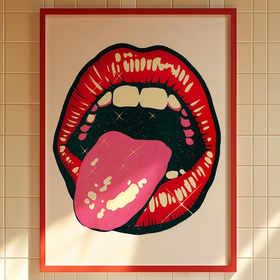 Iconic Pop Art Lips Bold Red Tongue Black Retro Glam Rock Poster