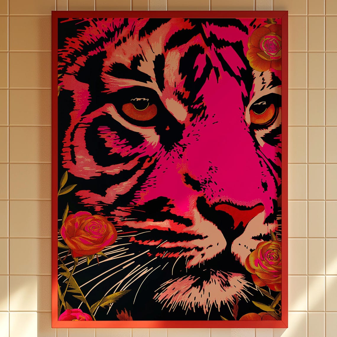 Fierce Neon Pink Tiger Face with Bold Orange Roses Pop Art Poster