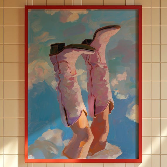 Pink Cowboy Boots Surrealist Print Western Fashion Wall Art