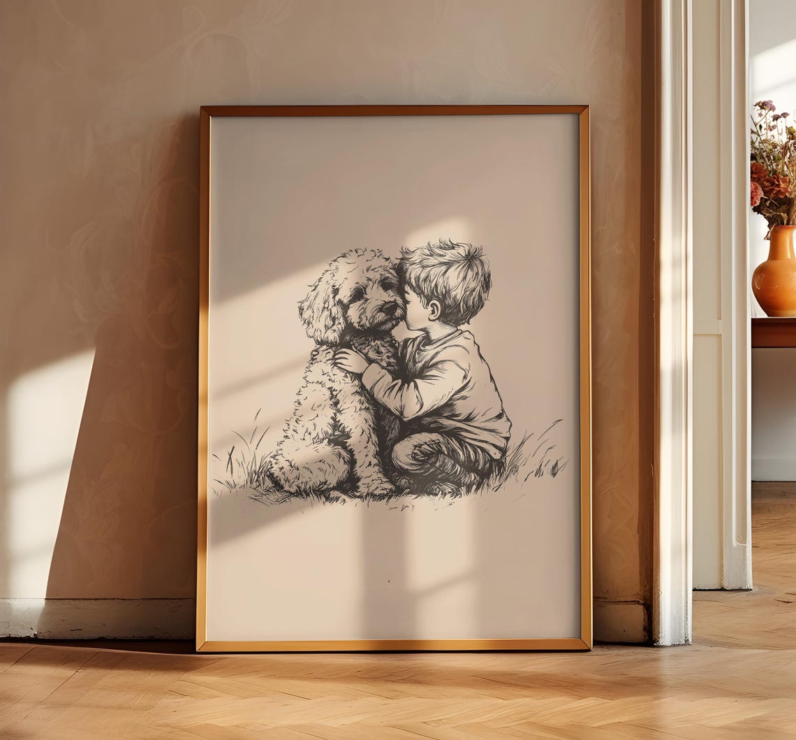 Boy And A Dog Art Goldendoodle Vintage Print Antique Vintage Illustration Farmhouse Wall Decor Country Wall Art Dog Drawing Dog Poster - Image 2