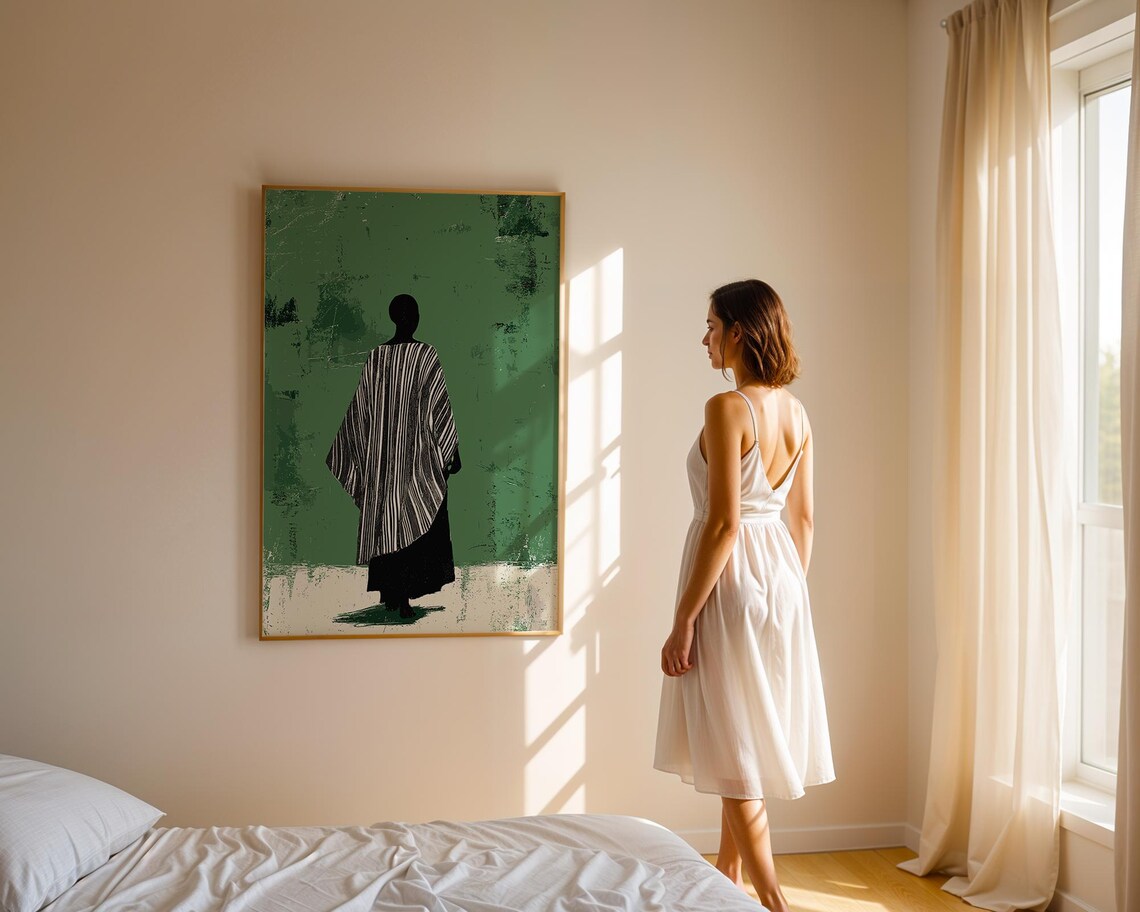 Woman In Striped Dress Seen From Behind Textured Green Poster - Image 3