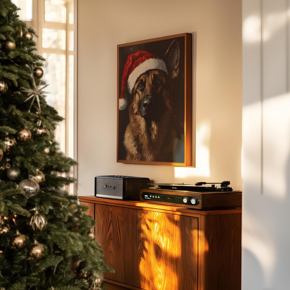 German Shepherd Christmas Painting Christmas Pet Art Santa Dog Print Vintage Dog Print German Shepherd Holiday Vintage Christmas Art - Image 3