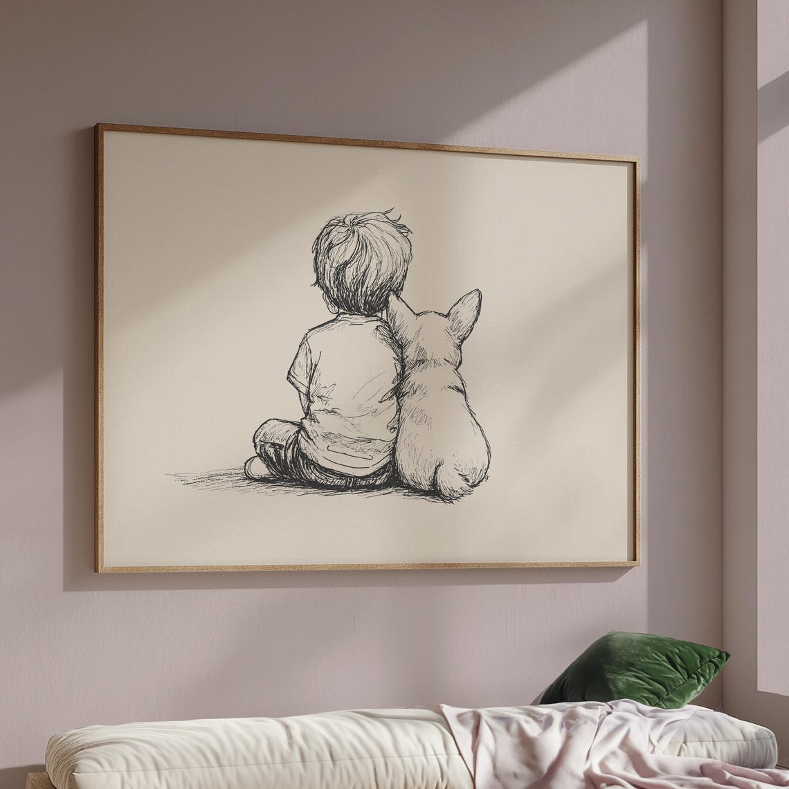 Boy With Corgi Nursery Poster Puppy Nursery Print Boys Room Retro Art Puppy Sketch Art Neutral Dog Drawing Baby Room Painting Decor - Image 2
