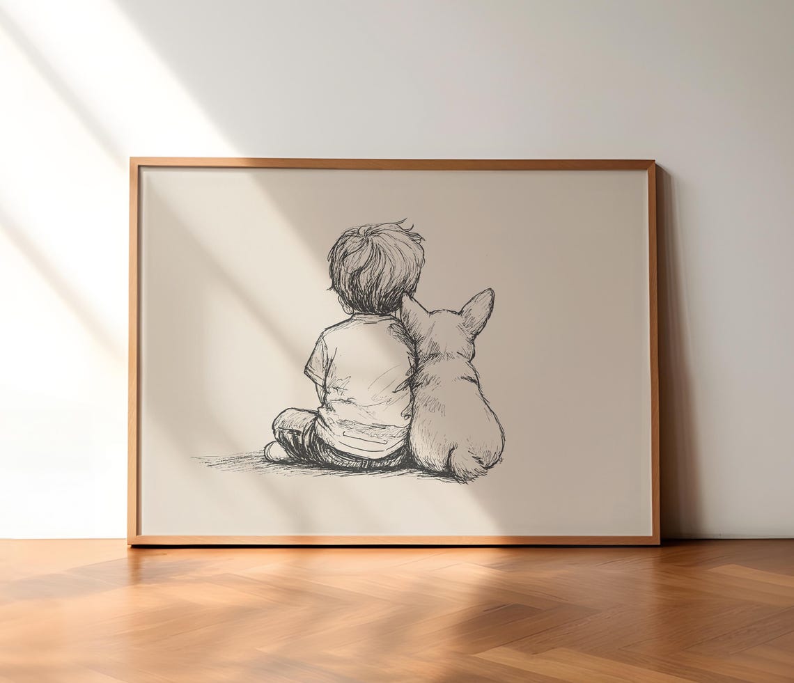 Boy With Corgi Nursery Poster Puppy Nursery Print Boys Room Retro Art Puppy Sketch Art Neutral Dog Drawing Baby Room Painting Decor - Image 3
