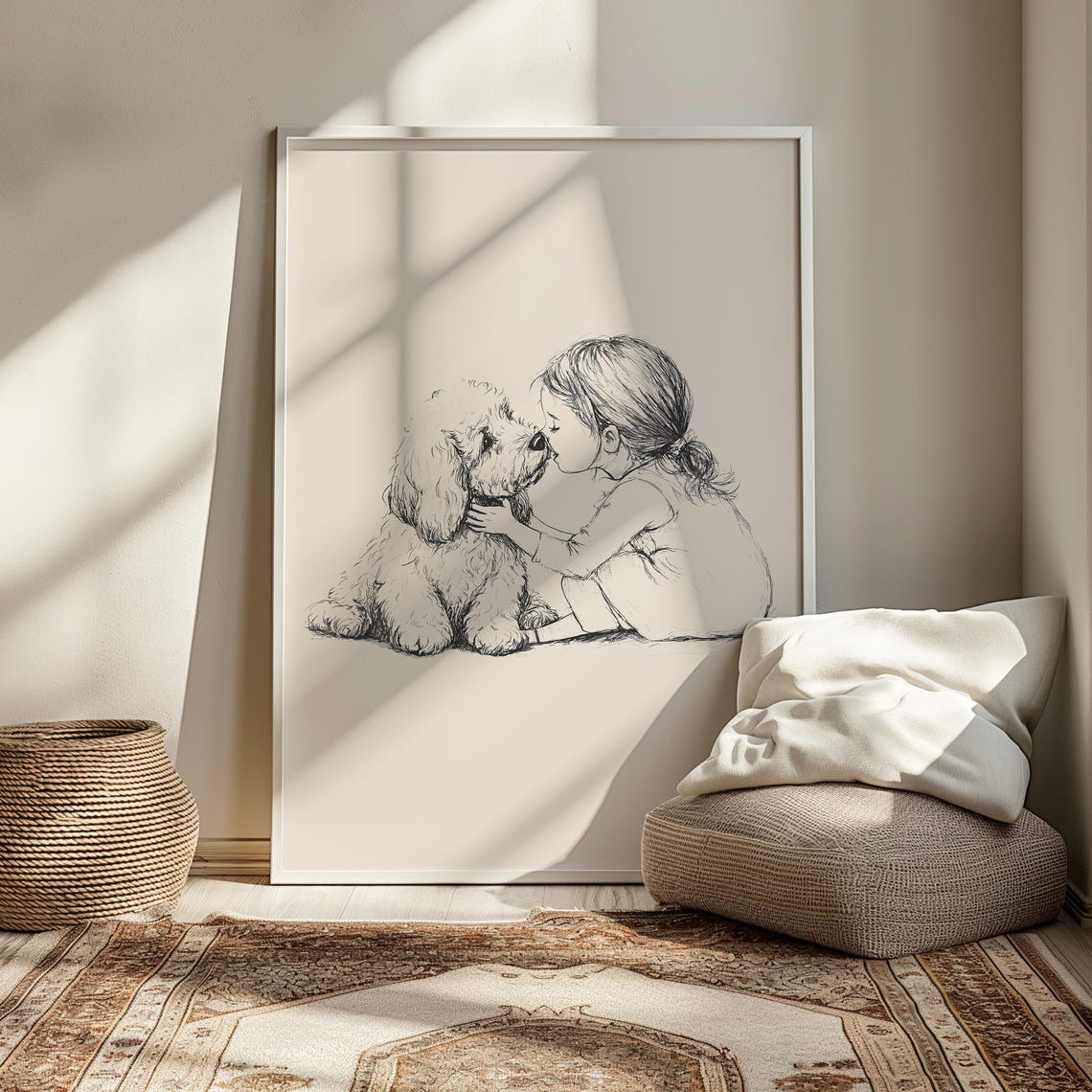 Goldendoodle With Girl Print Dog Vintage Poster Nursery Wall Art Puppy Nursery Retro Drawing Baby Room Decor Goldendoodle Painting - Image 3