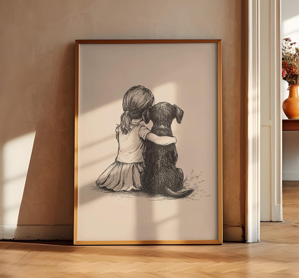 Girl And A Dog Print Dog Vintage Poster Nursery Art Antique Painting Farmhouse Wall Decor Country Wall Art Dog Drawing Dog Wall Art - Image 2