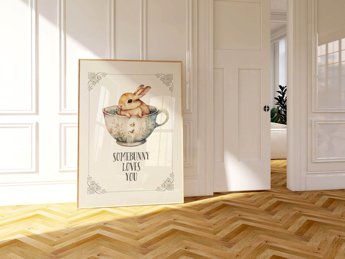 Somebunny Loves You Bunny In Teacup Watercolor Easter Poster - Image 2