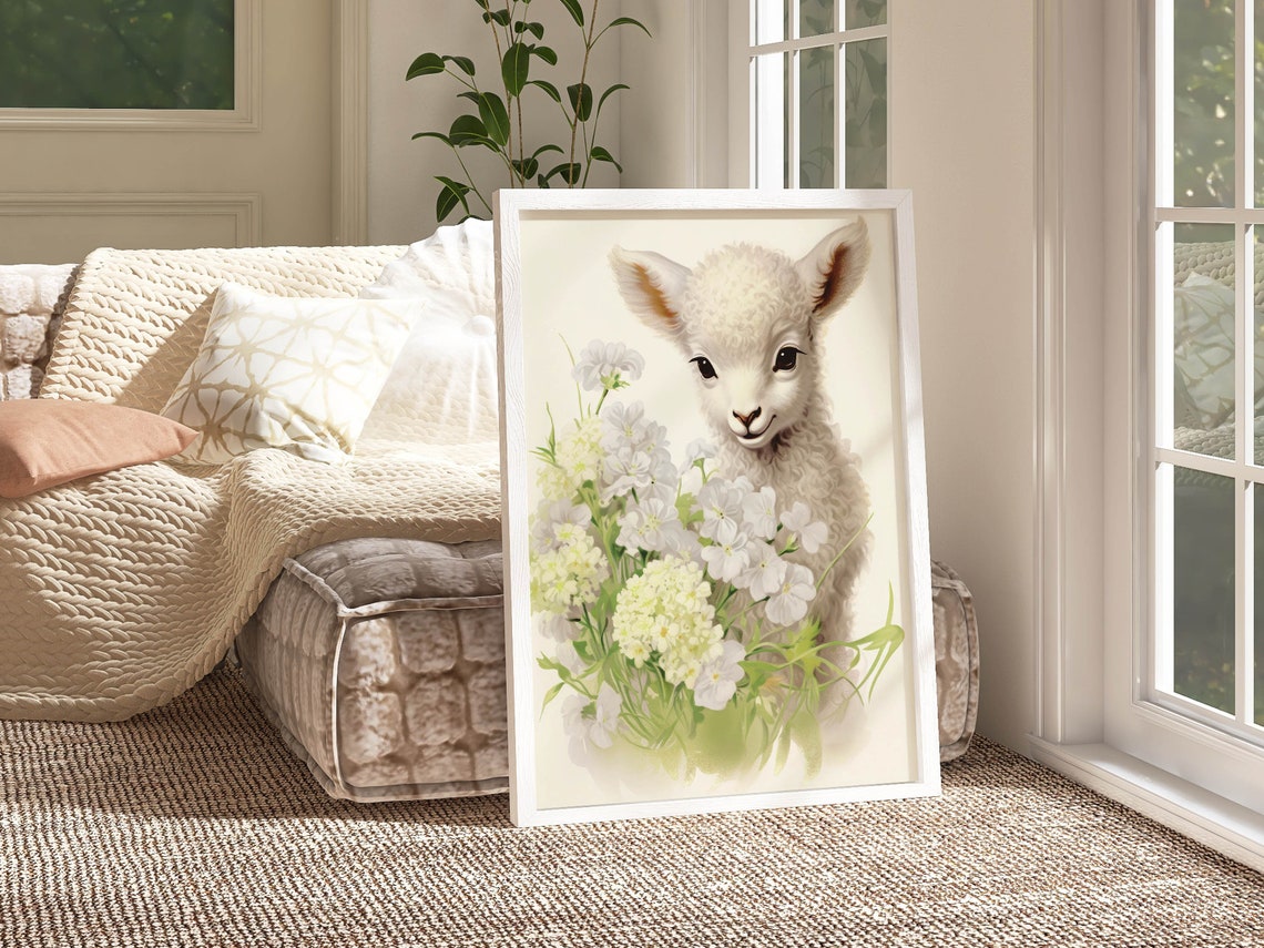 Cute White Lamb With Spring Flowers Easter Baby Animal Art Poster - Image 2
