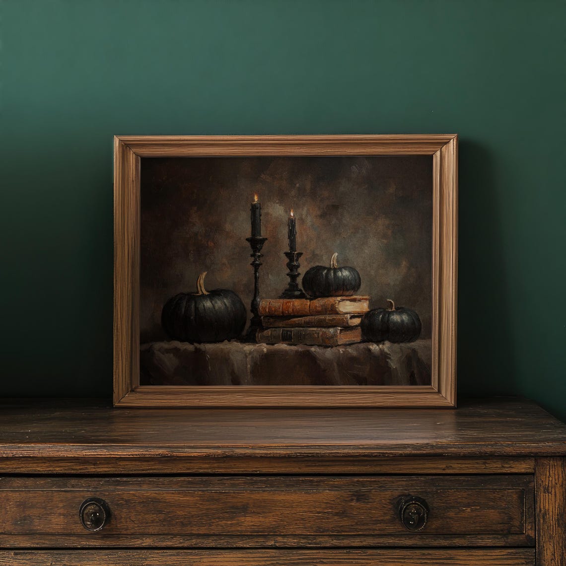 Moody Still Life Black Pumpkins Candles Books Halloween Print