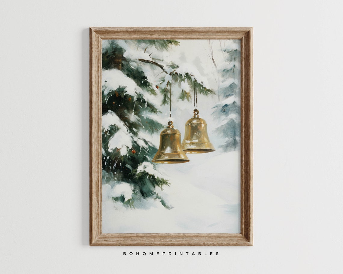 Shining Brass Christmas Bells in Snowy Evergreen Forest Art Poster