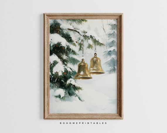 Shining Brass Christmas Bells in Snowy Evergreen Forest Art Poster