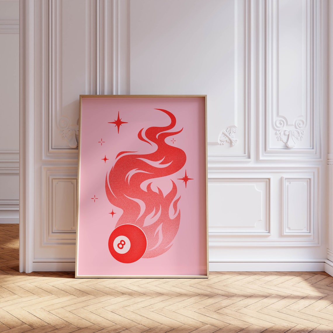 Flaming Eight Ball Red Flame Pink Background Trendy Retro Wall Art - Image 2