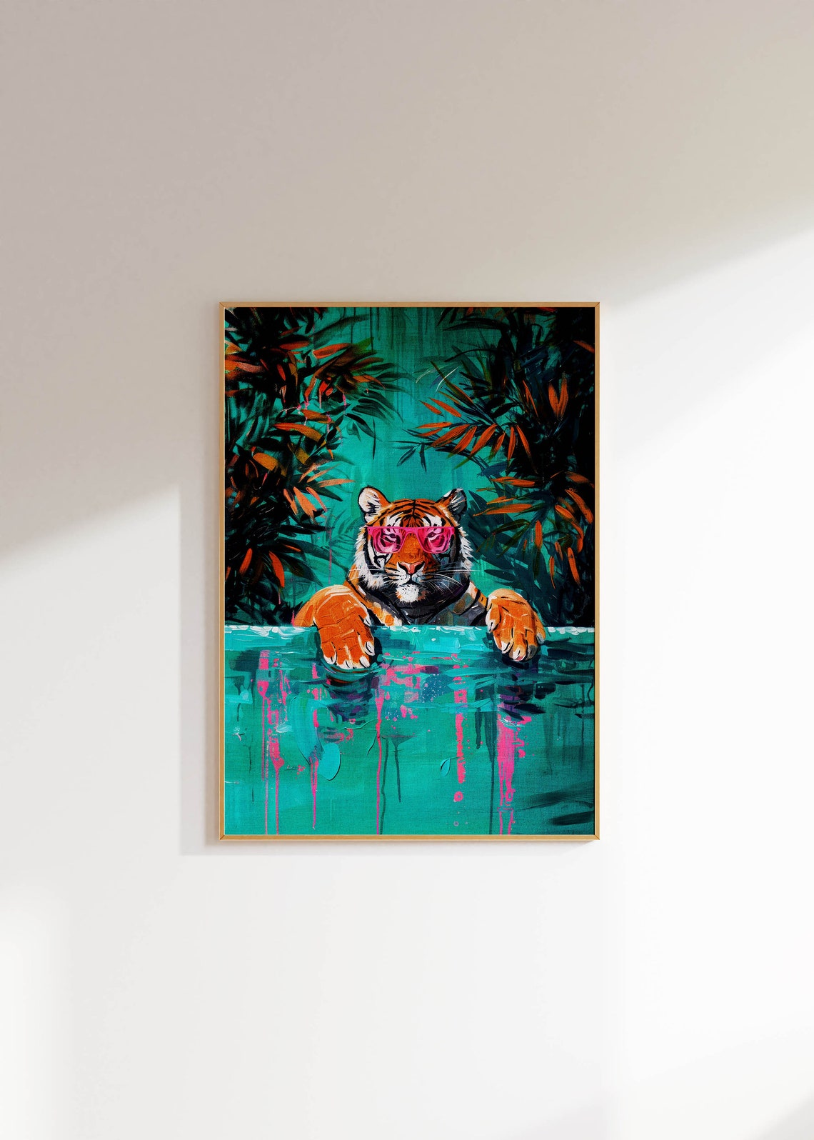 Tiger Wearing Pink Sunglasses Pool Tropical Maximalist Funny Animal Wall Art