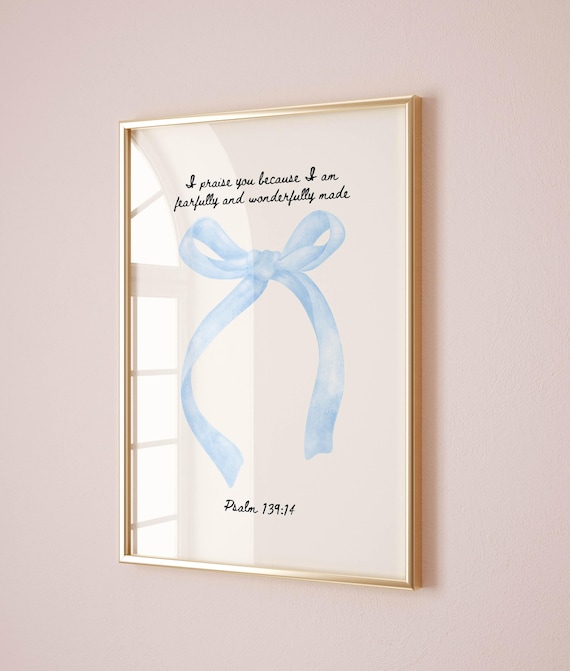 Blue Wall Art Christian Print Bow Wall Decor Bible Verse Wall Art Nursery Print Cute Poster Dorm Wall Art Trendy Print Aesthetic Decor