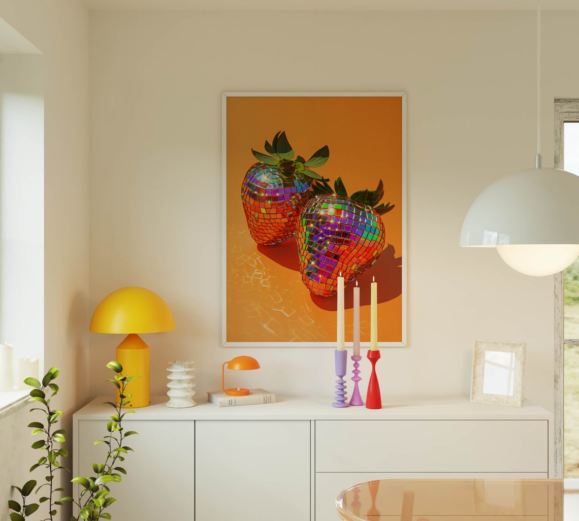 Disco Ball Strawberries Sparkling Orange Retro Funky Fruit Poster - Image 2