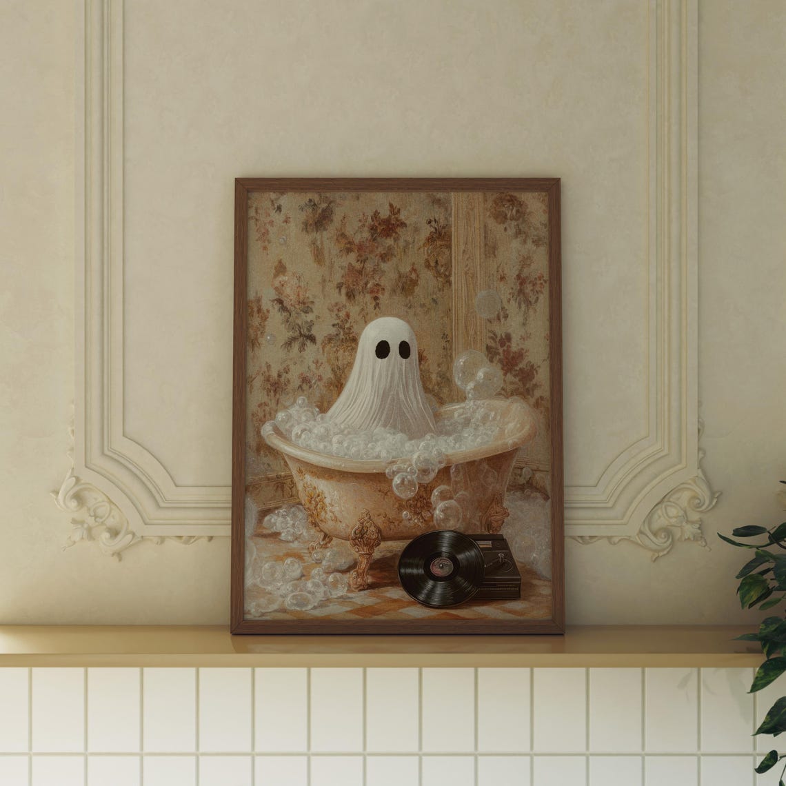 Cute Ghost Bubble Bath With Vinyl Record Vintage Halloween Poster - Image 2