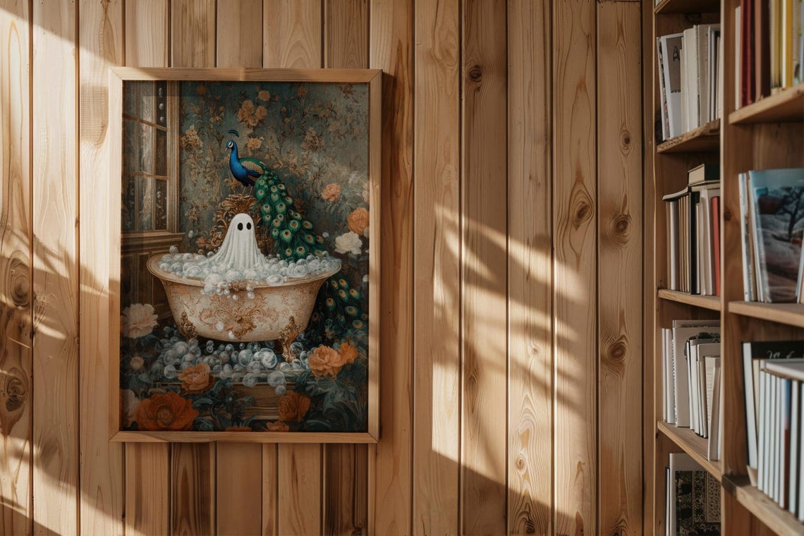Cute Ghost Soaking in a Vintage Bubble Bath Beside a Peacock Poster - Image 2