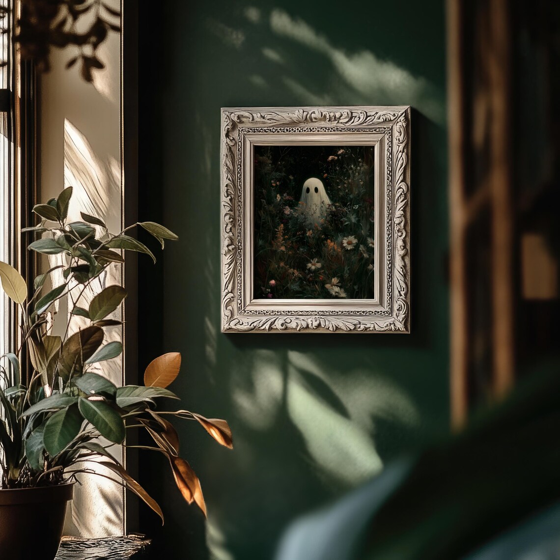 Cute Ghost Among Dark Wildflowers Moody Cottagecore Halloween Art Print - Image 2