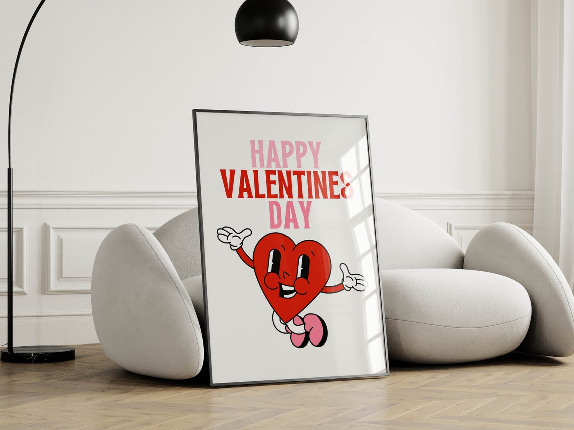 Cheerful Happy Valentines Day Retro Heart Mascot Cartoon Poster - Image 2