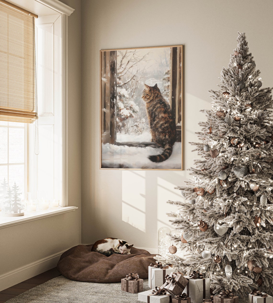 Tabby Cat Watching Snow Through Window Winter Farmhouse Cozy Art Print - Image 3