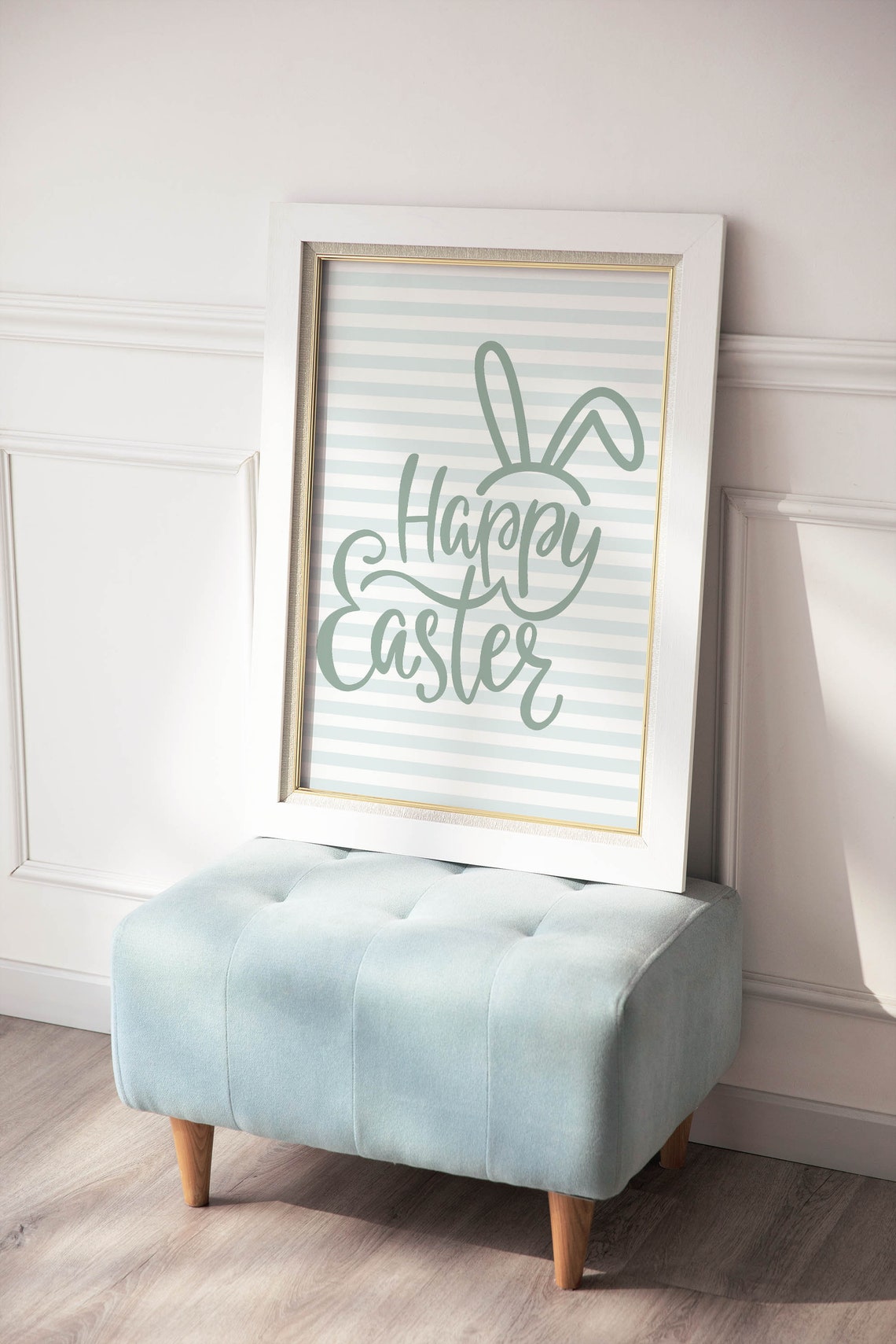 Happy Easter Bunny Ears Sage Green Striped Spring Wall Poster - Image 2
