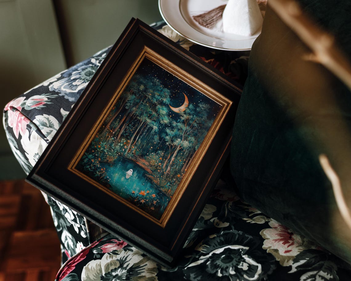 Cute Ghost Moonlit Pond Teal Night Forest Whimsical Halloween Poster - Image 2