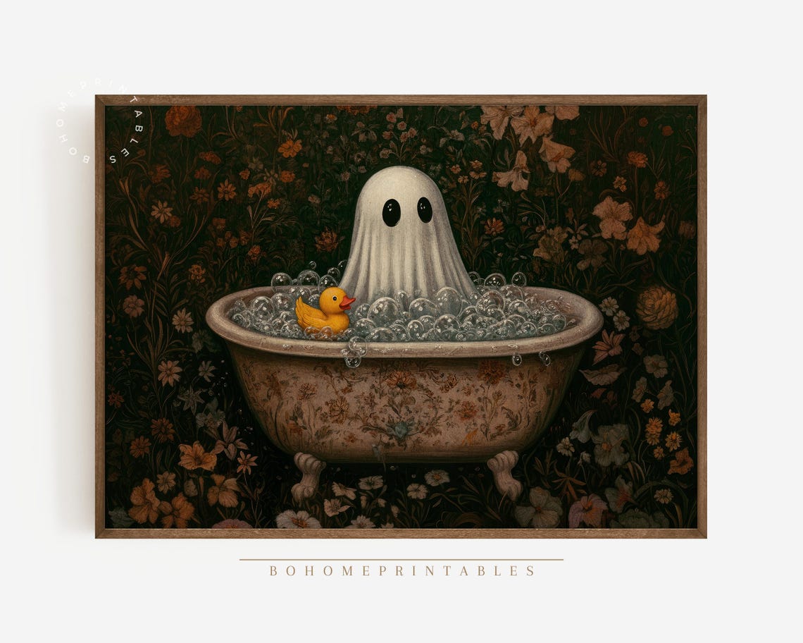Whimsical Ghost Rubber Duck Bubble Bath Dark Floral Halloween Poster