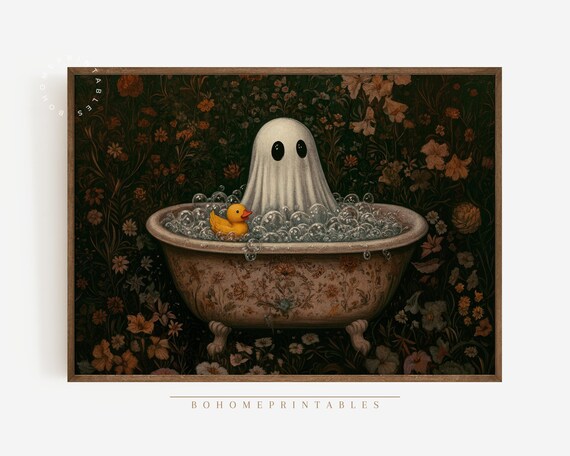 Whimsical Ghost Rubber Duck Bubble Bath Dark Floral Halloween Poster