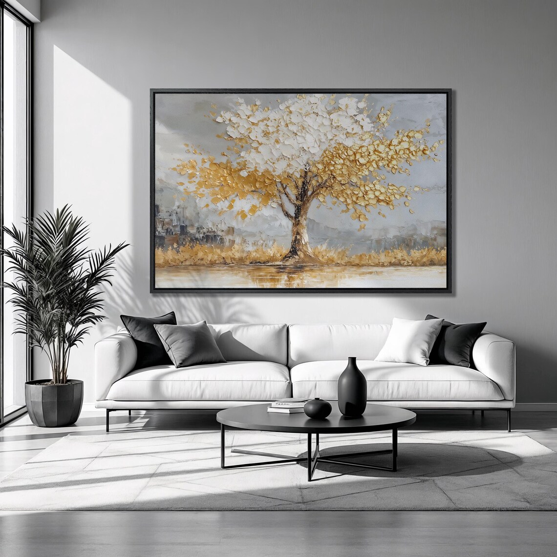 Gold White Leaves Tree Gray Lake Shore Landscape Nature Art Poster