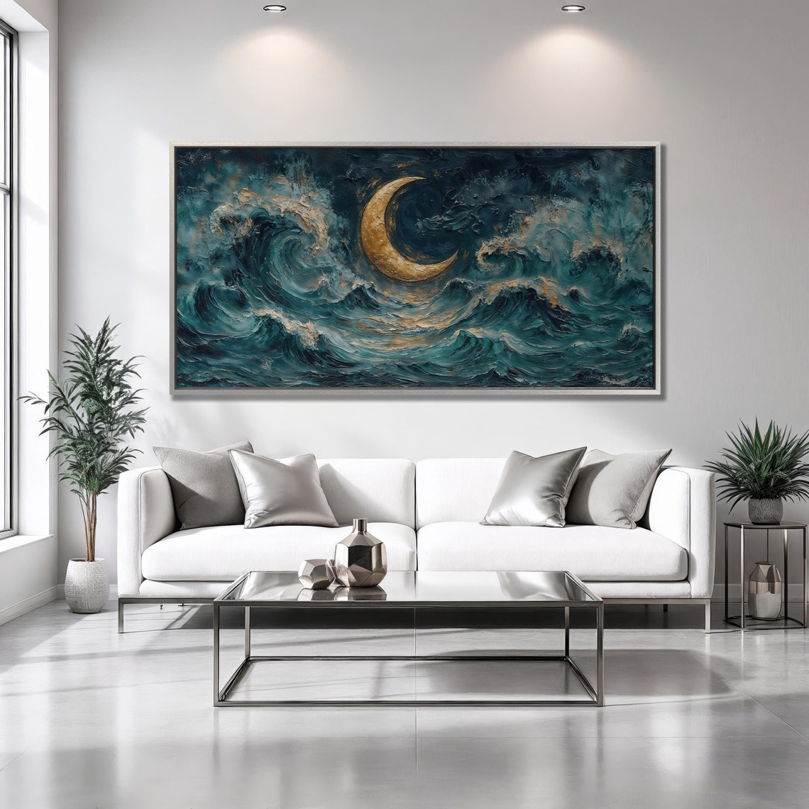 Golden Crescent Moon Over Dark Teal Ocean Waves Night Seascape Poster