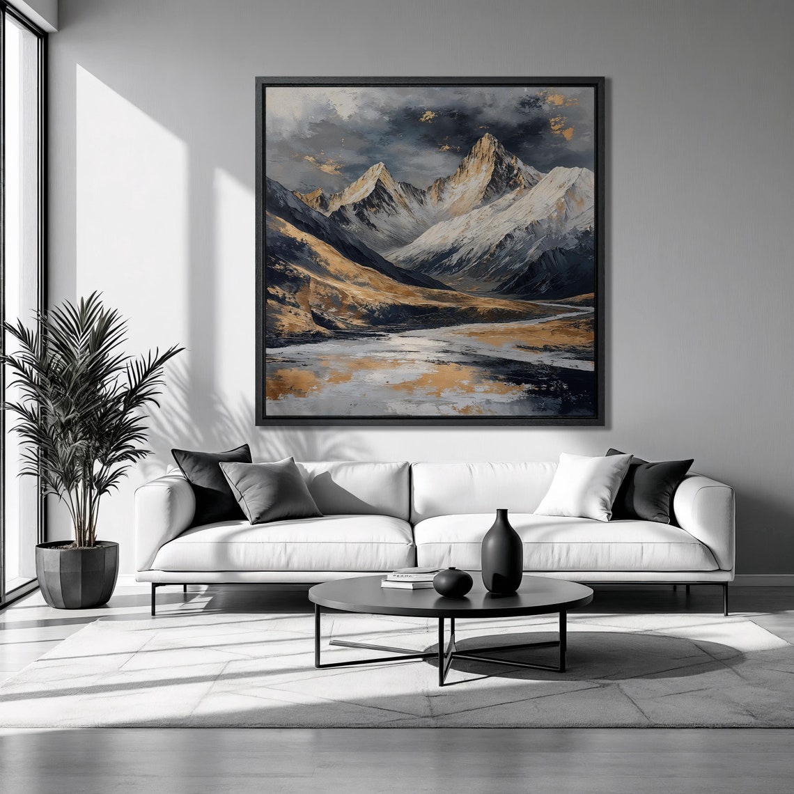 Snowy Mountain Peaks Golden Valley River Stormy Clouds Vertical Poster