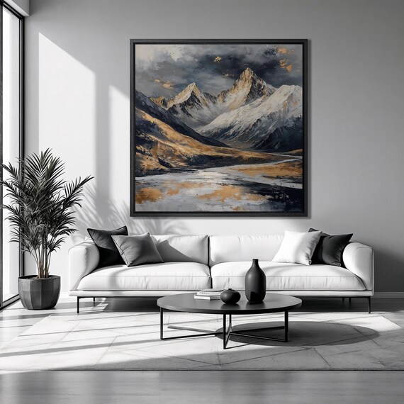 Snowy Mountains Landscape Framed Print Nature Luxury Art Golden Mountain Peaks Painting Print Contemporary Decor Ready To Hang
