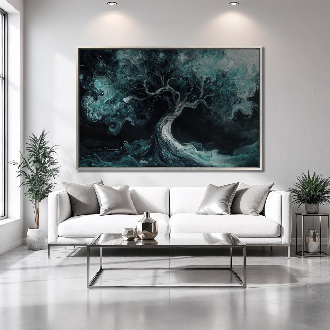 Teal Marble Tree of Life Dark Swirling Abstract Botanical Wall Poster