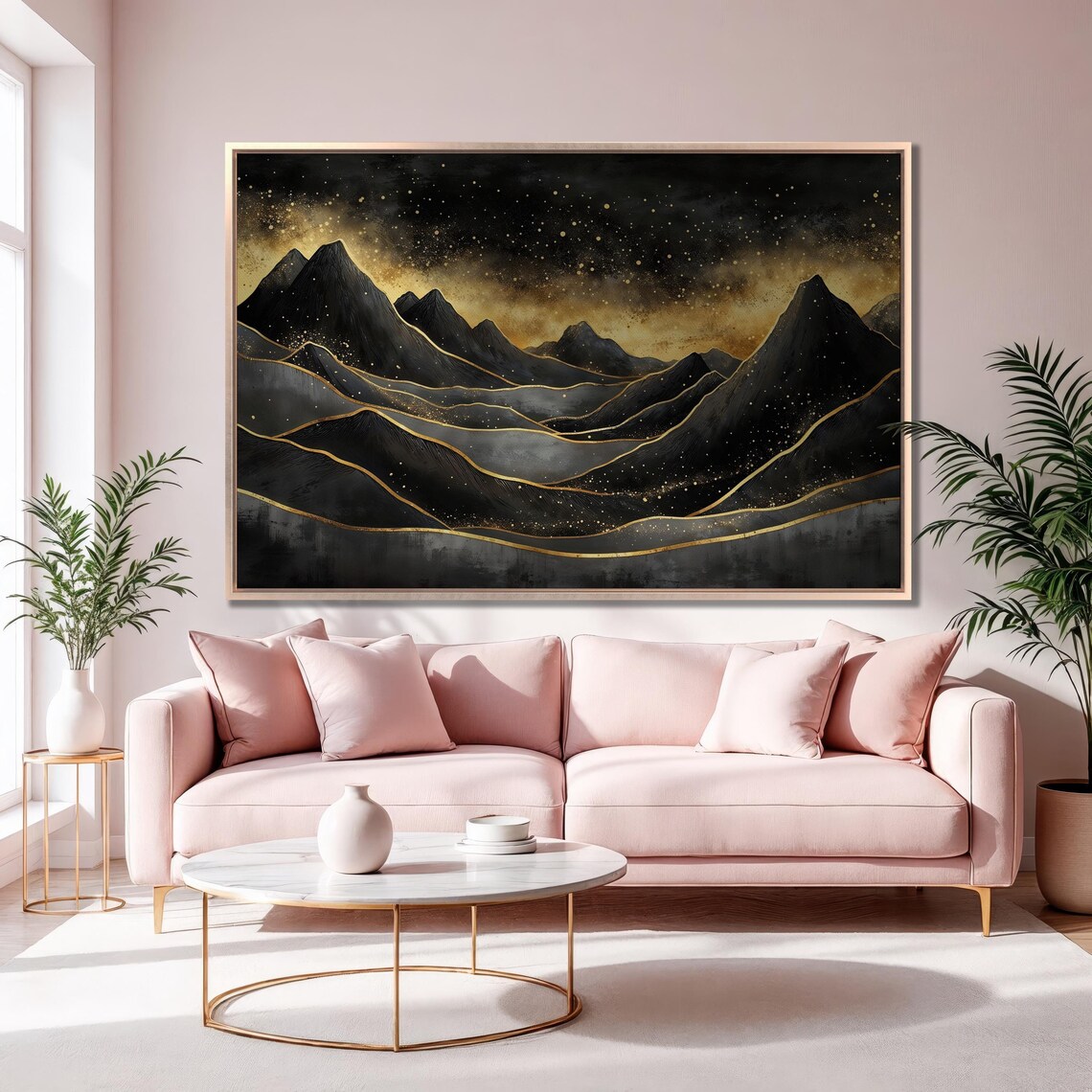 Black Gold Mountains Night Starry Sky Gilded Ridges Celestial Art Poster
